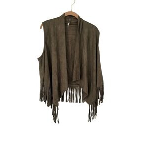 Mittoshop Olive Green Faux Suede Fringe Vest Bohemian Sleeveless‎ Duster L